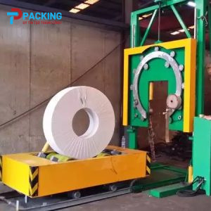 Máy quấn màng co cuộn thép dạng đứng