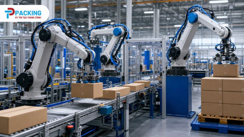 Robot và cánh tay cơ học tự động trong dây chuyền đóng gói