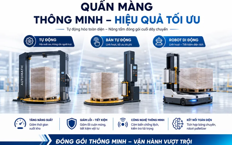 Các Loại Máy Quấn Màng Pallet: Tự Động, Bán Tự Động Và Robot Di Động Các Loại Máy Quấn Màng Pallet: Tự Động, Bán Tự Động Và Robot Di Động