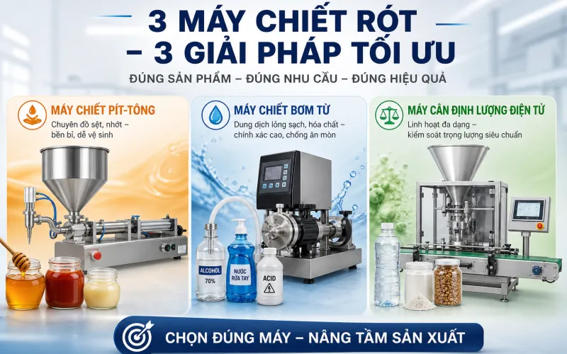 Phân Loại Máy Chiết Rót: Máy Chiết Pít-Tông, Bơm Từ, Cân Định Lượng Điện Tử